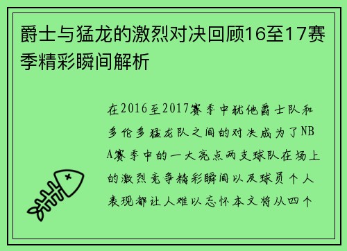 爵士与猛龙的激烈对决回顾16至17赛季精彩瞬间解析